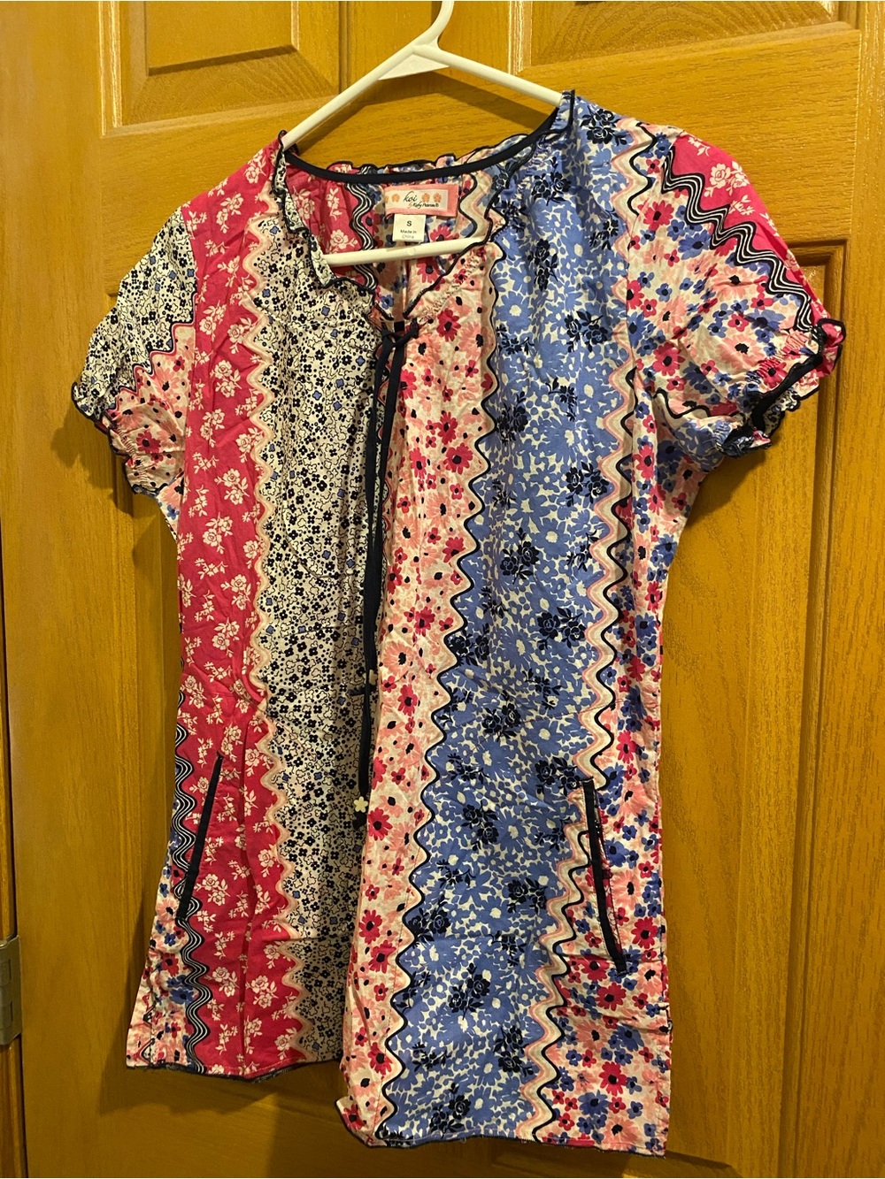 Mixed Floral Short Sleeve Tunic Top - Pink & Blue